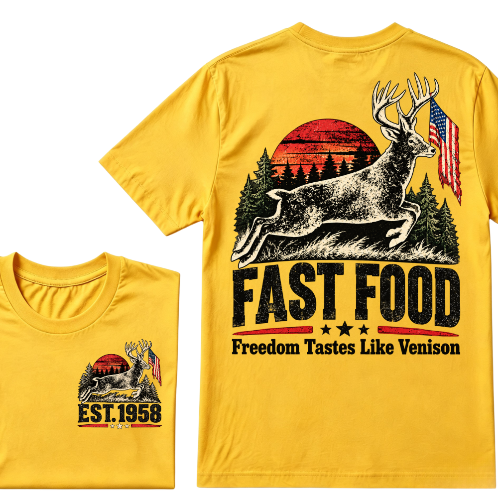 Fast Food Deer Hunting T-Shirt, Freedom Tastes Like Venison Vintage Sunset USA Flag EST.Year Hunter Graphic Tee