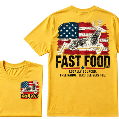 Fast Food Deer Hunting T-Shirt, Locally Sourced Free Range Zero Delivery Fee Vintage American Flag EST.Year Hunter Graphic Tee
