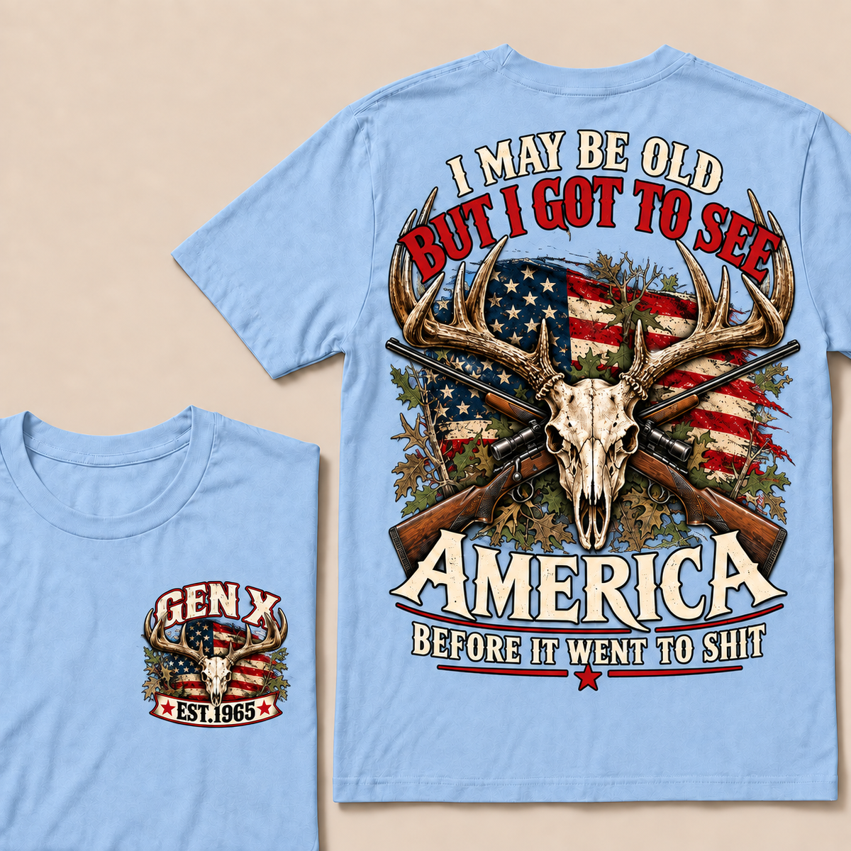Funny Gen X Hunter T-Shirt, Vintage Deer Skull American Flag Tee, Retro 1965 Hunting Gift, Patriotic Hunter Shirt