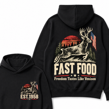 Fast Food Deer Hunting Hoodie, Freedom Tastes Like Venison Vintage Sunset USA Flag EST.Year Hunter Graphic Hooded Sweatshirt