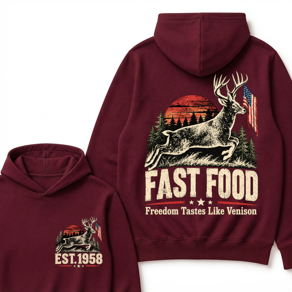 Fast Food Deer Hunting Hoodie, Freedom Tastes Like Venison Vintage Sunset USA Flag EST.Year Hunter Graphic Hooded Sweatshirt