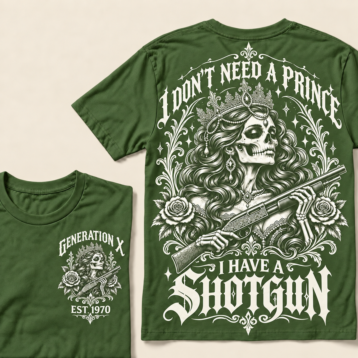 "I Don't Need A Prince I Have A Shotgun" T-Shirt, Funny Gen X Sarcastic Tee, Gothic Skull Crown Gift for Her, Western Gun Shirt