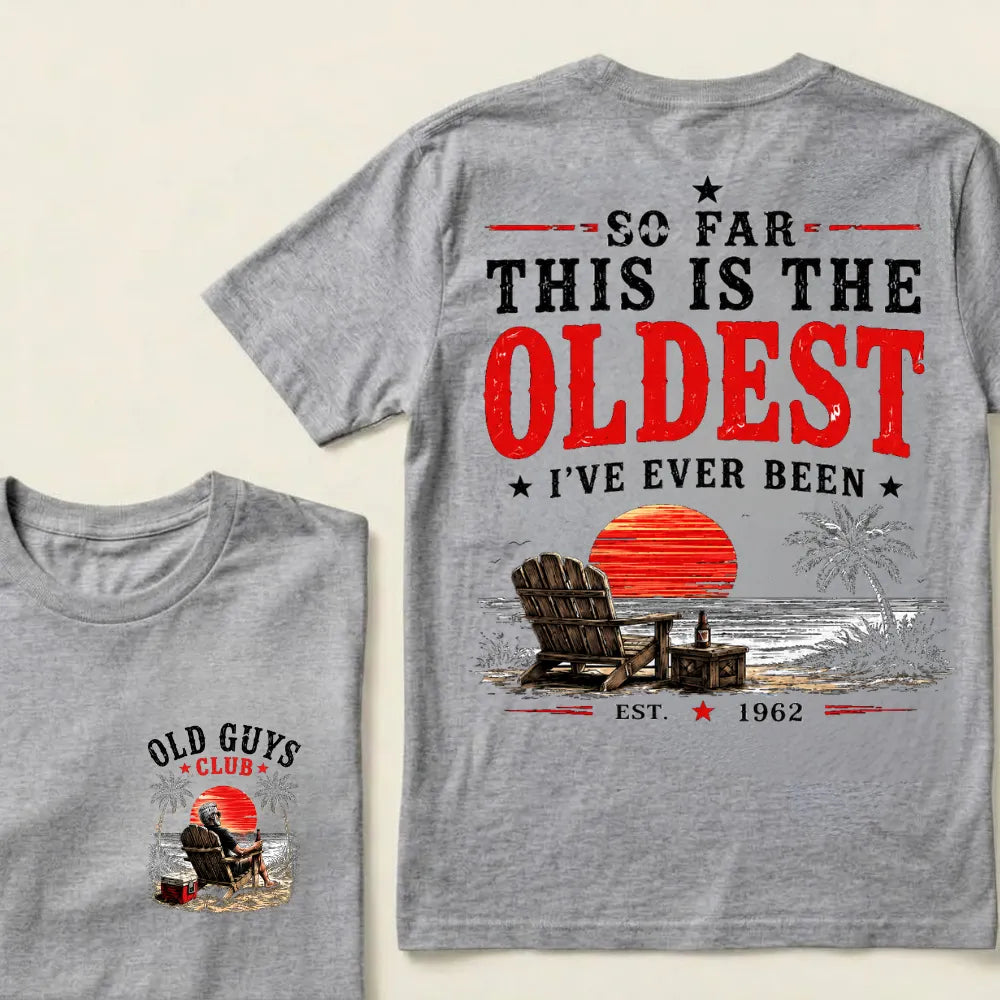 🌅 "Old Guys Club" Vintage Beach Birthday Commemorative Graphic T-Shirt
