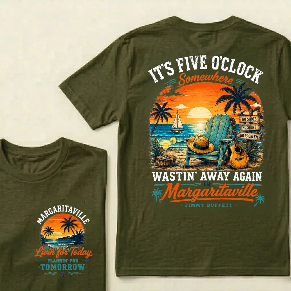 It's Five O'Clock Somewhere Wastin' Away Again In Margaritaville Parrot Guitar Sunset Beach No Shoes No Shirt No Problem Grap