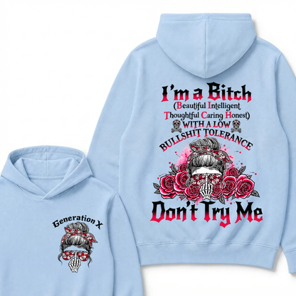 Generation X Hoodie, I'm Beautiful Intelligent Thoughtful Caring Honest Low Tolerance Skull Roses Graphic Hooded Sweatshirt