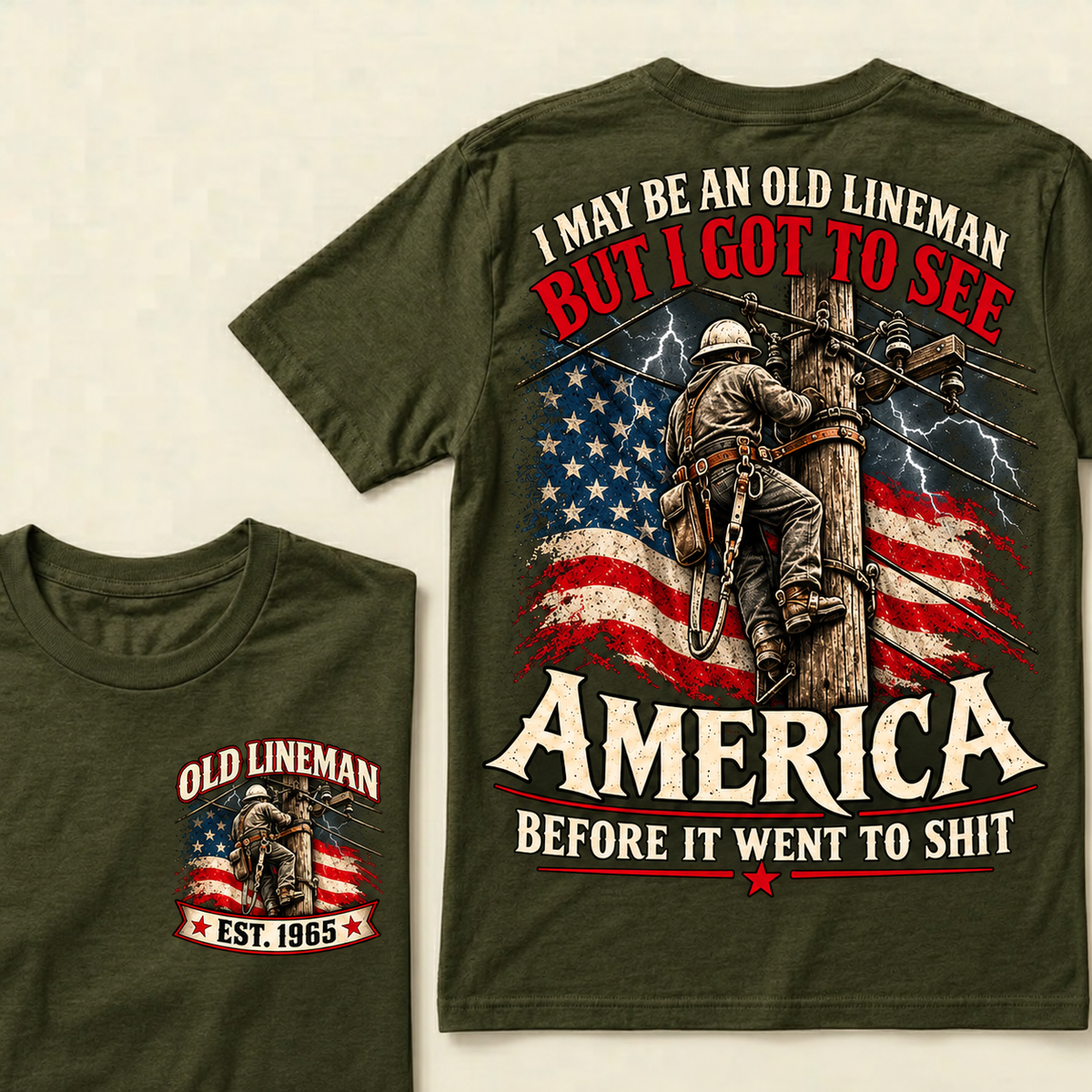 Funny Old Lineman American Flag T-Shirt, Vintage Electrician Lineman Gift, Patriotic USA Powerline Worker Tee, Retro 1965 Lineman Shirt