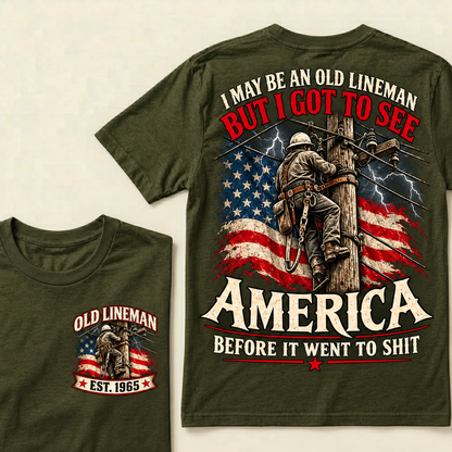 Funny Old Lineman American Flag T-Shirt, Vintage Electrician Lineman Gift, Patriotic USA Powerline Worker Tee, Retro 1965 Lineman Shirt