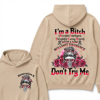 Generation X Hoodie, I'm Beautiful Intelligent Thoughtful Caring Honest Low Tolerance Skull Roses Graphic Hooded Sweatshirt