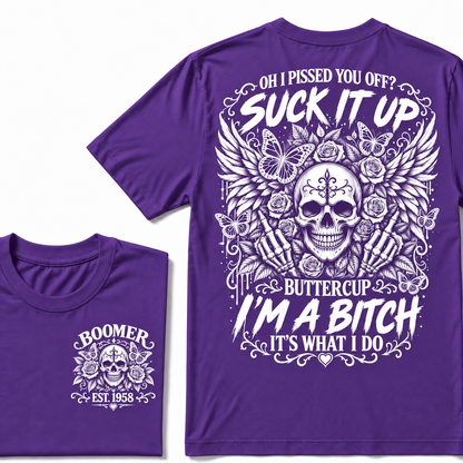 Custom Year Boomer Suck It Up Buttercup Skull Graphic T-Shirt