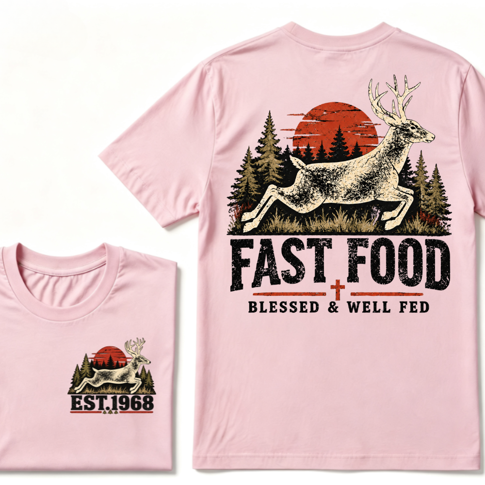 Fast Food Deer Hunting T-Shirt, Blessed & Well Fed Vintage Sunset Forest EST.Year Christian Hunter Graphic Tee