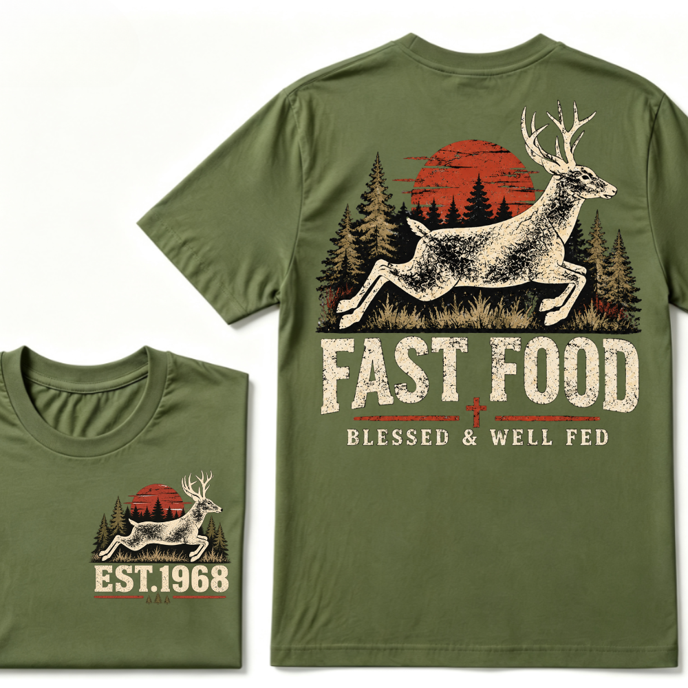 Fast Food Deer Hunting T-Shirt, Blessed & Well Fed Vintage Sunset Forest EST.Year Christian Hunter Graphic Tee