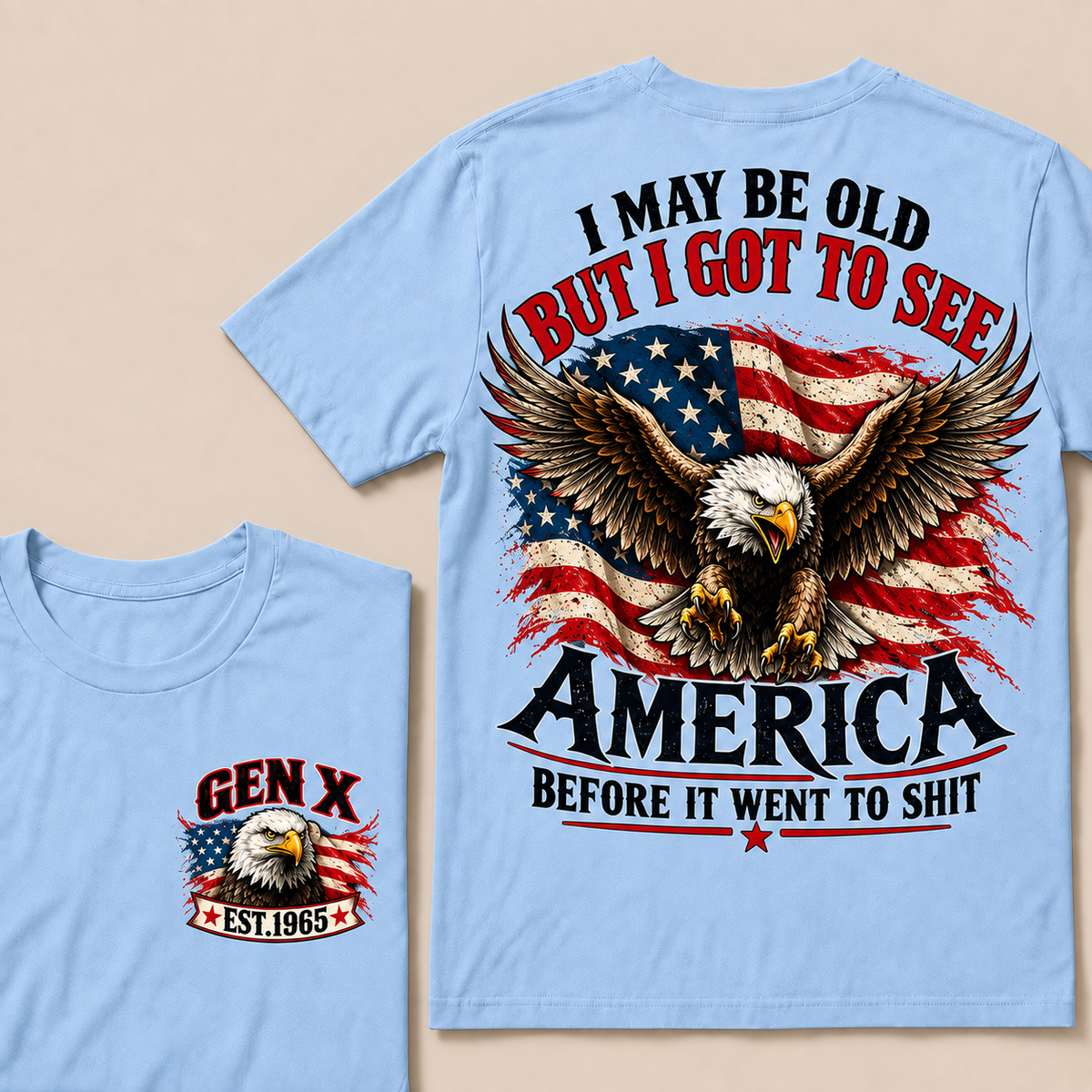Funny Gen X Eagle T-Shirt, Vintage American Flag Patriotic Tee, Retro 1965 Gen X Gift, USA Bald Eagle Shirt