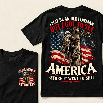Funny Old Lineman American Flag T-Shirt, Vintage Electrician Lineman Gift, Patriotic USA Powerline Worker Tee, Retro 1965 Lineman Shirt