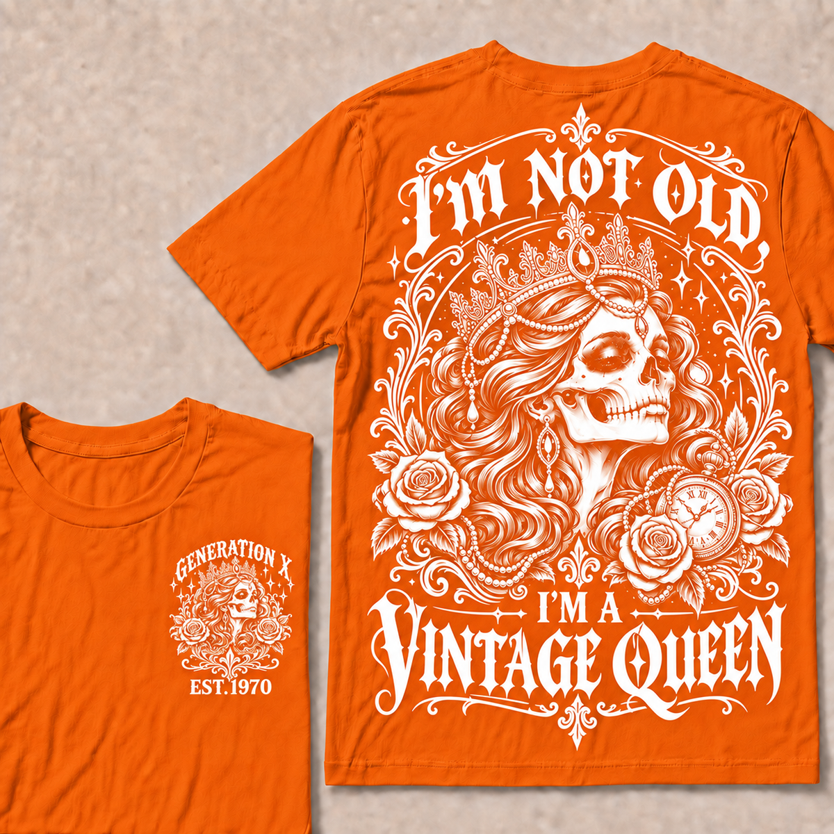 "I'm Not Old I'm A Vintage Queen" T-Shirt, Funny Gen X Sarcastic Tee, Gothic Skull Crown Gift for Her