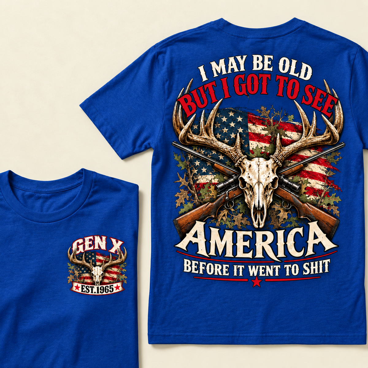 Funny Gen X Hunter T-Shirt, Vintage Deer Skull American Flag Tee, Retro 1965 Hunting Gift, Patriotic Hunter Shirt