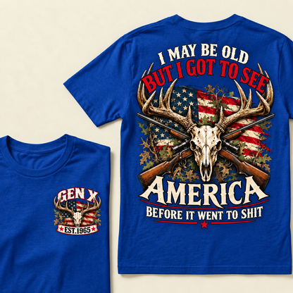 Funny Gen X Hunter T-Shirt, Vintage Deer Skull American Flag Tee, Retro 1965 Hunting Gift, Patriotic Hunter Shirt